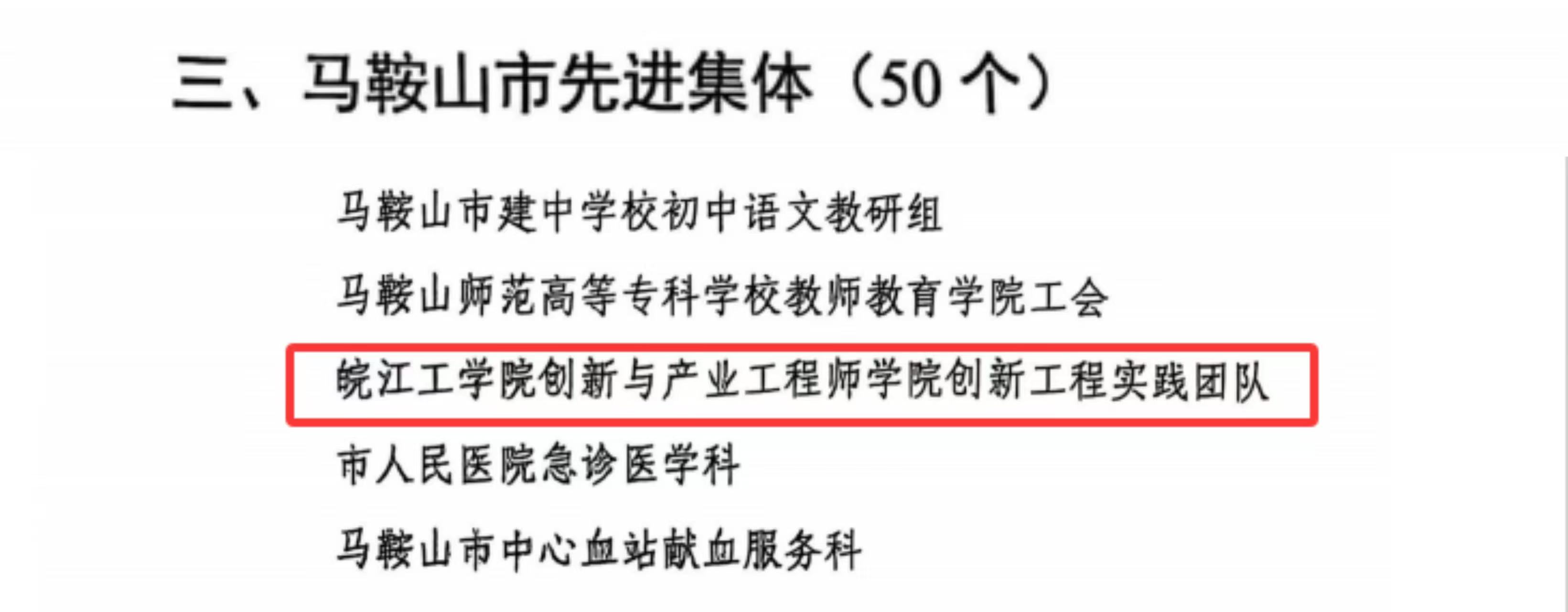 <strong>我校创新与产业工程师学院“创新工程实践团队”获评“2021-2024年度马鞍山市先进集体”</strong>